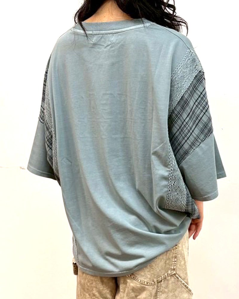 limiless　リミレス　ドライタッチ天竺ピグメント布帛切替BIG　T　半袖Tシャツ　カレッジロゴ刺繍　レース切り替え　チェック柄ドッキング　リメイク風デザイン　ピグメント加工　ヴィンテージ風　ビッグシルエット　ドロップショルダー　大人カジュアル