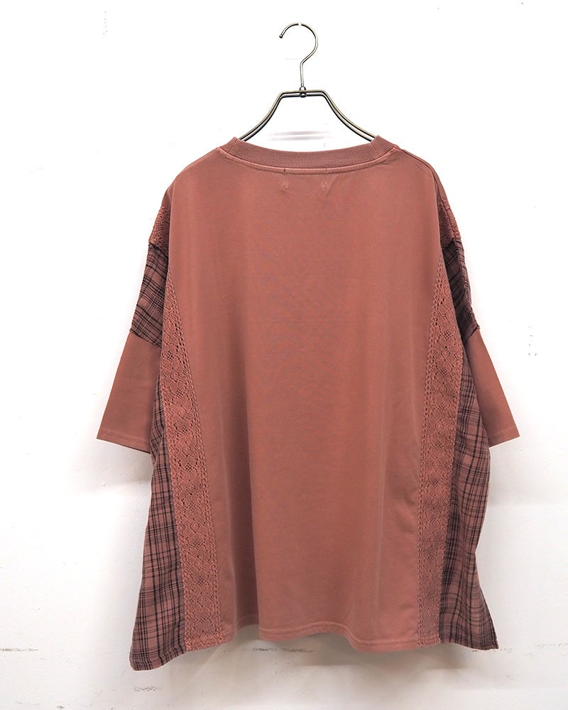 limiless　リミレス　ドライタッチ天竺ピグメント布帛切替BIG　T　半袖Tシャツ　カレッジロゴ刺繍　レース切り替え　チェック柄ドッキング　リメイク風デザイン　ピグメント加工　ヴィンテージ風　ビッグシルエット　ドロップショルダー　大人カジュアル