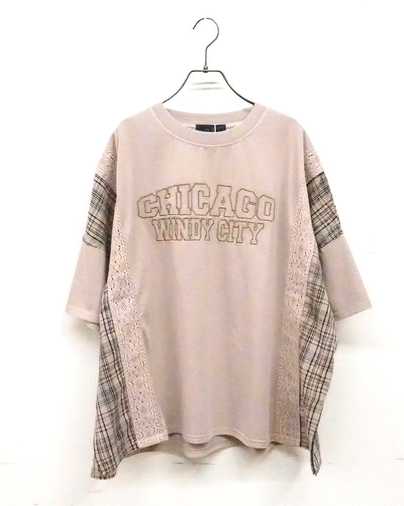 limiless　リミレス　ドライタッチ天竺ピグメント布帛切替BIG　T　半袖Tシャツ　カレッジロゴ刺繍　レース切り替え　チェック柄ドッキング　リメイク風デザイン　ピグメント加工　ヴィンテージ風　ビッグシルエット　ドロップショルダー　大人カジュアル