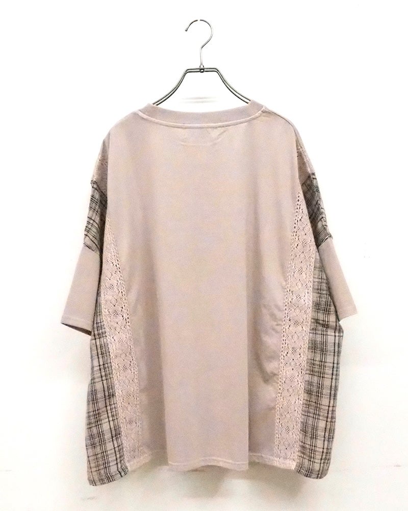 limiless　リミレス　ドライタッチ天竺ピグメント布帛切替BIG　T　半袖Tシャツ　カレッジロゴ刺繍　レース切り替え　チェック柄ドッキング　リメイク風デザイン　ピグメント加工　ヴィンテージ風　ビッグシルエット　ドロップショルダー　大人カジュアル