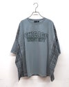 limiless　リミレス　ドライタッチ天竺ピグメント布帛切替BIG　T　半袖Tシャツ　カレッジロゴ刺繍　レース切り替え　チェック柄ドッキング　リメイク風デザイン　ピグメント加工　ヴィンテージ風　ビッグシルエット　ドロップショルダー　大人カジュアル
