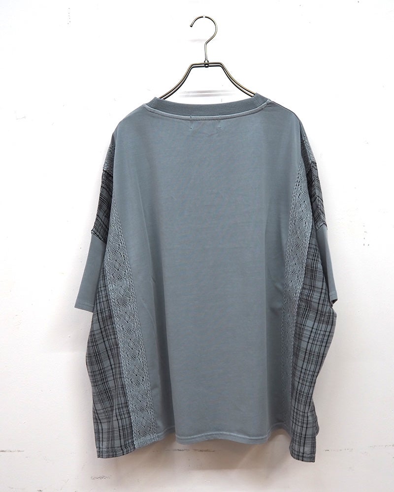 limiless　リミレス　ドライタッチ天竺ピグメント布帛切替BIG　T　半袖Tシャツ　カレッジロゴ刺繍　レース切り替え　チェック柄ドッキング　リメイク風デザイン　ピグメント加工　ヴィンテージ風　ビッグシルエット　ドロップショルダー　大人カジュアル