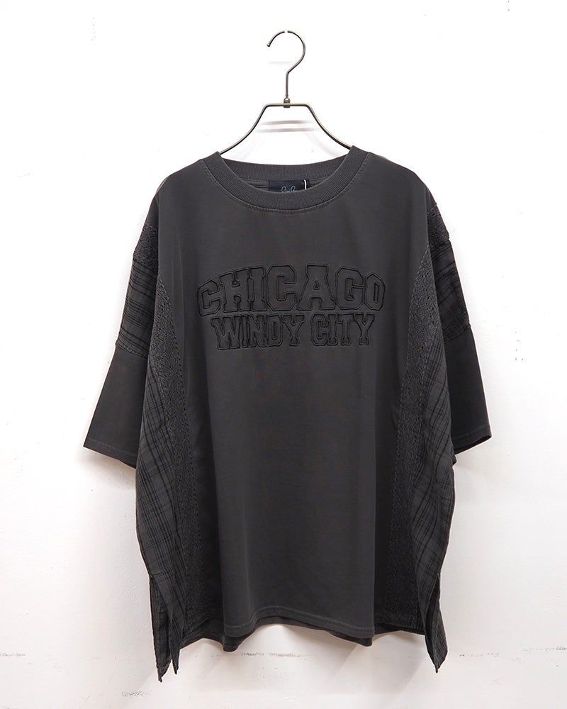 limiless　リミレス　ドライタッチ天竺ピグメント布帛切替BIG　T　半袖Tシャツ　カレッジロゴ刺繍　レース切り替え　チェック柄ドッキング　リメイク風デザイン　ピグメント加工　ヴィンテージ風　ビッグシルエット　ドロップショルダー　大人カジュアル
