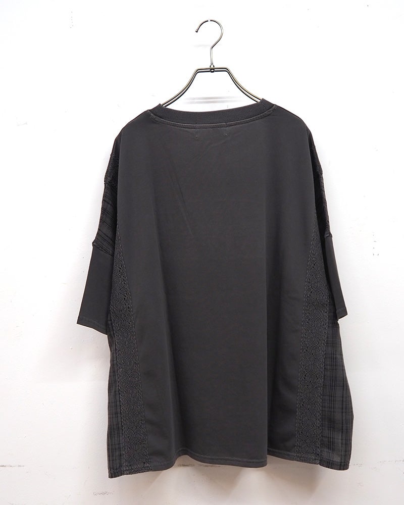 limiless　リミレス　ドライタッチ天竺ピグメント布帛切替BIG　T　半袖Tシャツ　カレッジロゴ刺繍　レース切り替え　チェック柄ドッキング　リメイク風デザイン　ピグメント加工　ヴィンテージ風　ビッグシルエット　ドロップショルダー　大人カジュアル