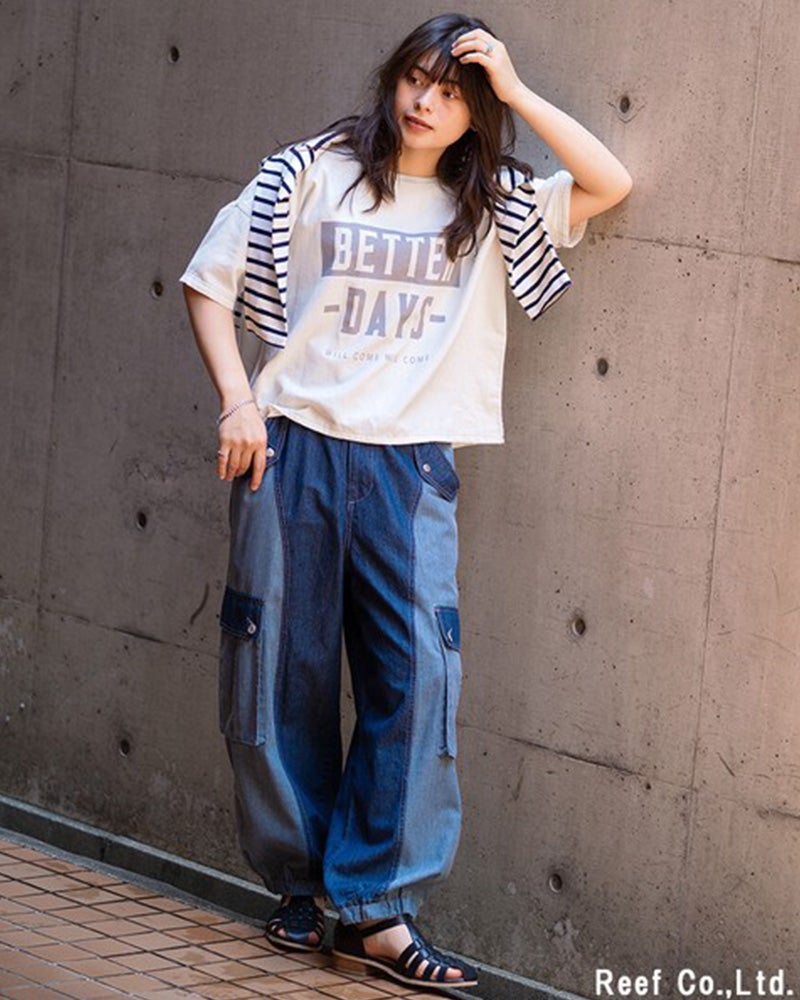 mililopiulu（ミリロピュール）の麻混コンビデニムパンツ、異素材切替デザインが魅力の軽やかなワイドデニムパンツ