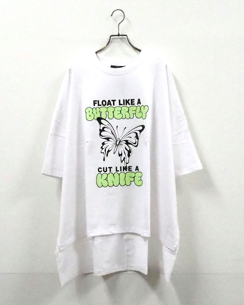 imiless リミレス バタフライT 半袖Tシャツ オーバーサイズビッグシルエット フロントバタフライグラフィックプリント ネオンカラー立体ロゴ 英字メッセージ ドロップショルダー サイドスリット 前後差ヘム フリーサイズ ストリートカジュアル アメカジテイストコーデ