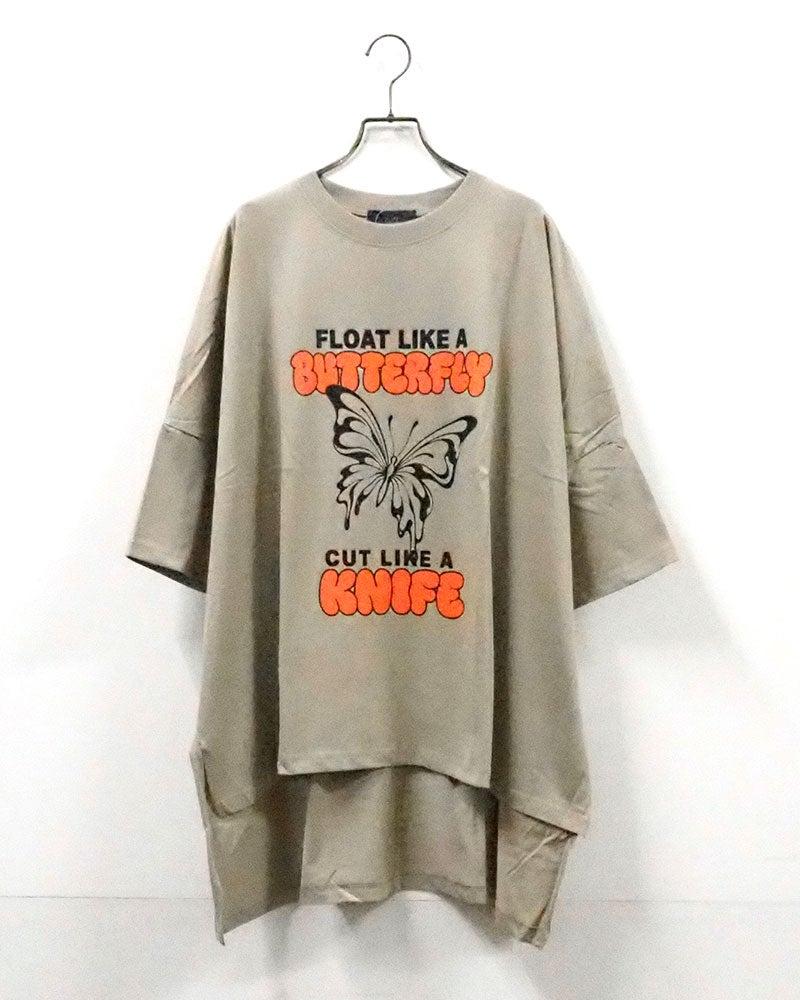 imiless リミレス バタフライT 半袖Tシャツ オーバーサイズビッグシルエット フロントバタフライグラフィックプリント ネオンカラー立体ロゴ 英字メッセージ ドロップショルダー サイドスリット 前後差ヘム フリーサイズ ストリートカジュアル アメカジテイストコーデ