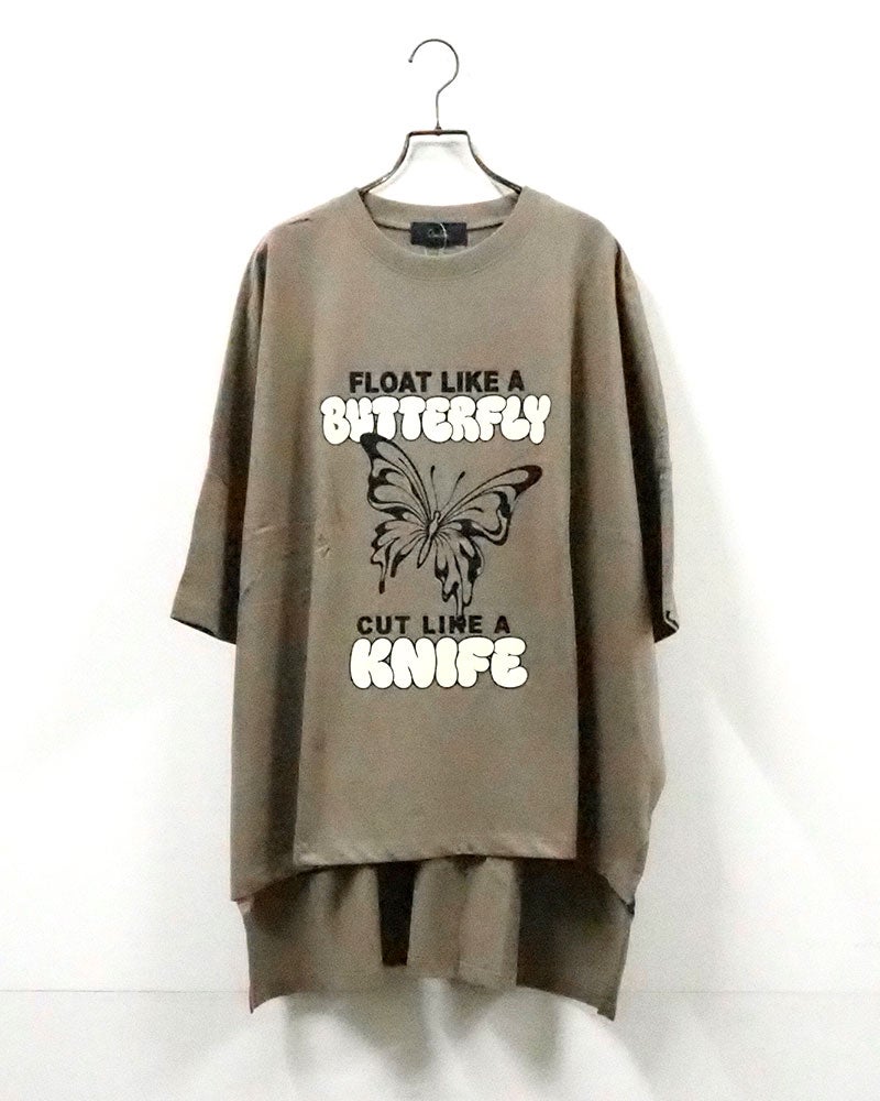 imiless リミレス バタフライT 半袖Tシャツ オーバーサイズビッグシルエット フロントバタフライグラフィックプリント ネオンカラー立体ロゴ 英字メッセージ ドロップショルダー サイドスリット 前後差ヘム フリーサイズ ストリートカジュアル アメカジテイストコーデ