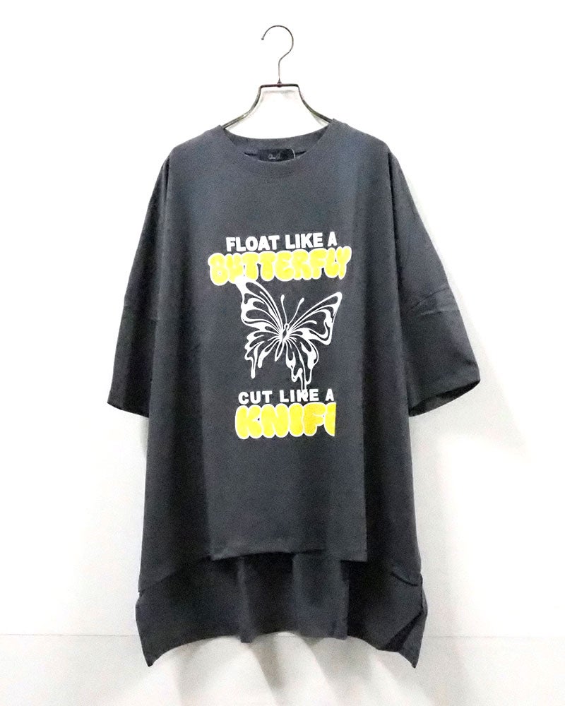 imiless リミレス バタフライT 半袖Tシャツ オーバーサイズビッグシルエット フロントバタフライグラフィックプリント ネオンカラー立体ロゴ 英字メッセージ ドロップショルダー サイドスリット 前後差ヘム フリーサイズ ストリートカジュアル アメカジテイストコーデ