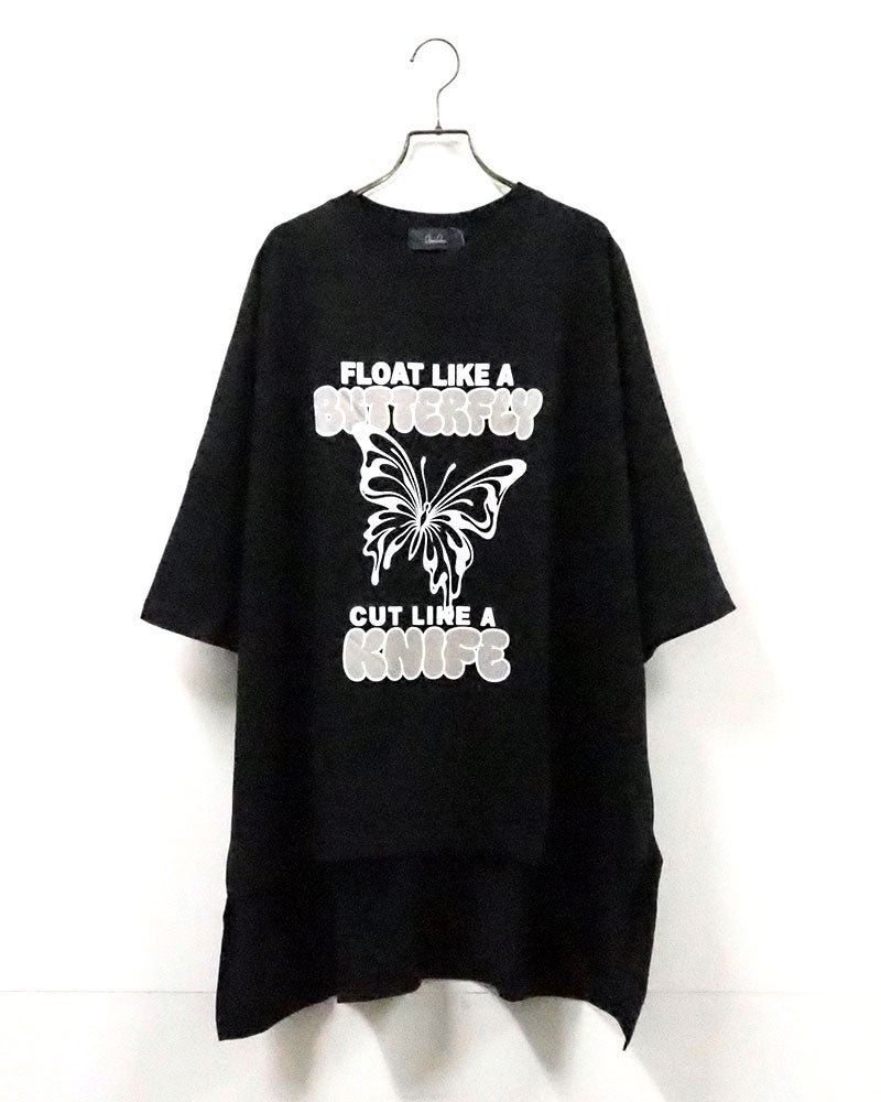 imiless リミレス バタフライT 半袖Tシャツ オーバーサイズビッグシルエット フロントバタフライグラフィックプリント ネオンカラー立体ロゴ 英字メッセージ ドロップショルダー サイドスリット 前後差ヘム フリーサイズ ストリートカジュアル アメカジテイストコーデ