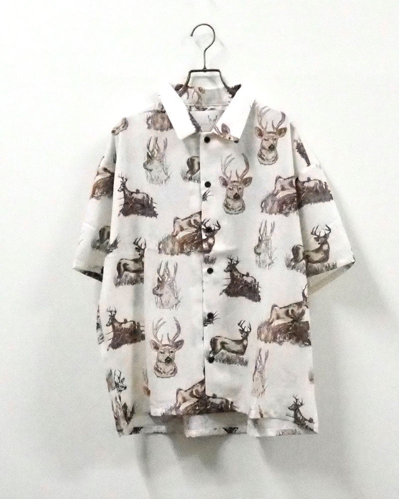 #Pokke ポッケ 総柄SSシャツ 半袖オープンカラーシャツ 開襟シャツ ルーズオーバーサイズ ドロップショルダー 手描き風コミカルイラスト総柄プリント ポップアニマル柄 前開き羽織り フリーサイズ 全4カラー ストリートカジュアル アメカジテイスト夏コーデ