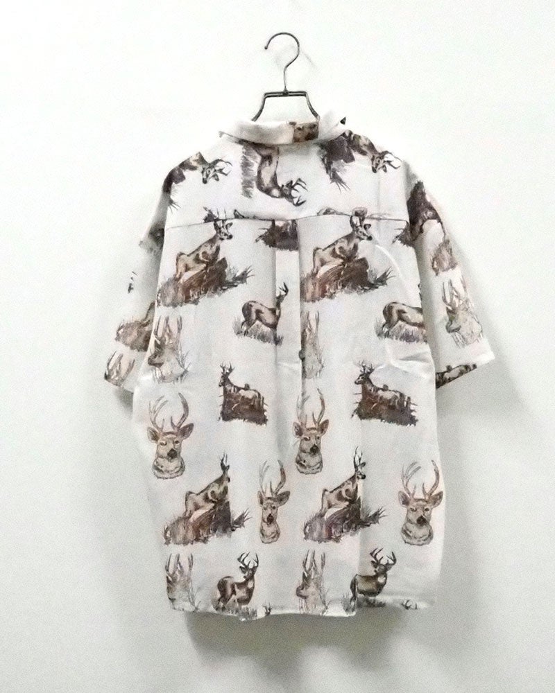 #Pokke ポッケ 総柄SSシャツ 半袖オープンカラーシャツ 開襟シャツ ルーズオーバーサイズ ドロップショルダー 手描き風コミカルイラスト総柄プリント ポップアニマル柄 前開き羽織り フリーサイズ 全4カラー ストリートカジュアル アメカジテイスト夏コーデ