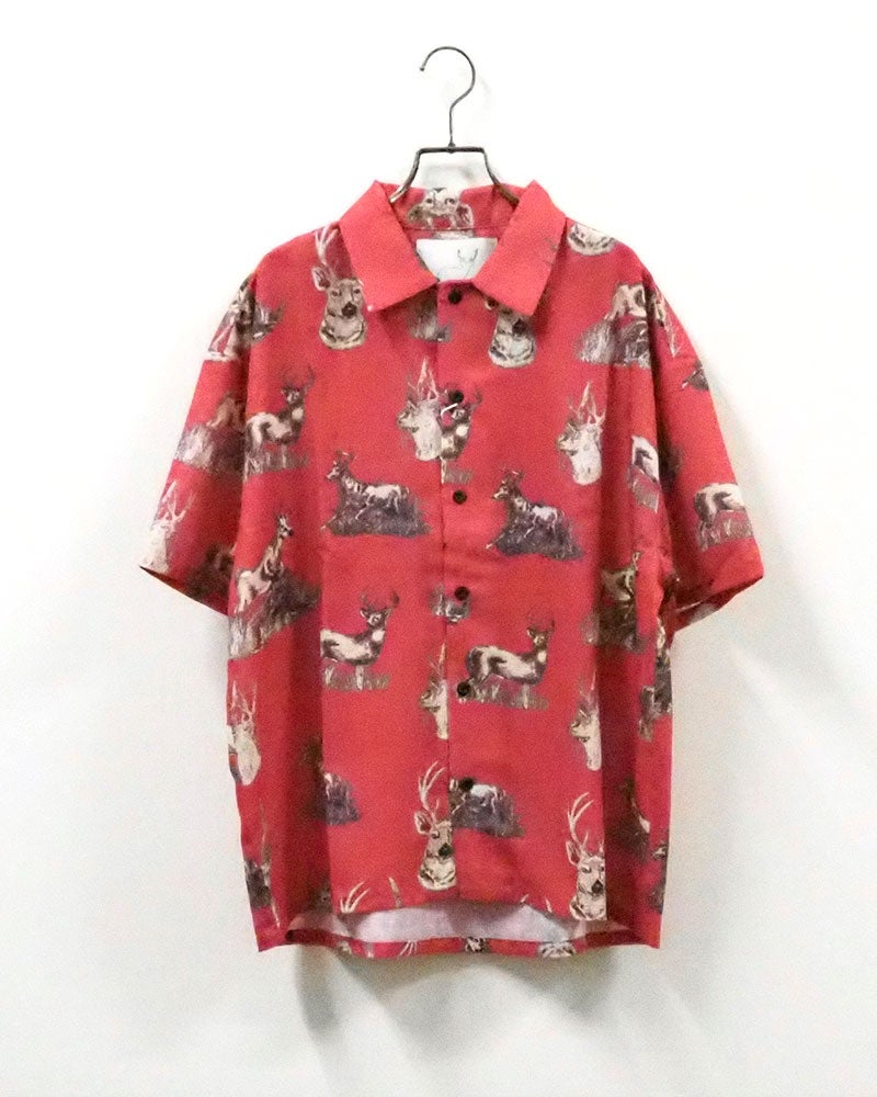 #Pokke ポッケ 総柄SSシャツ 半袖オープンカラーシャツ 開襟シャツ ルーズオーバーサイズ ドロップショルダー 手描き風コミカルイラスト総柄プリント ポップアニマル柄 前開き羽織り フリーサイズ 全4カラー ストリートカジュアル アメカジテイスト夏コーデ