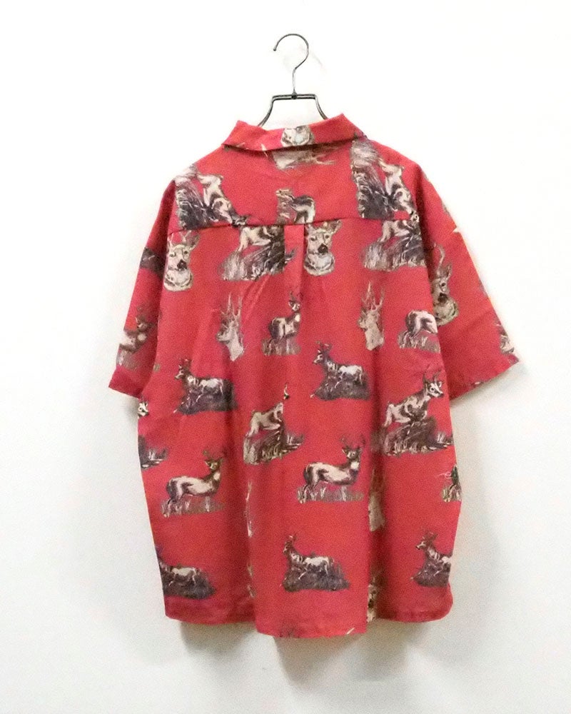 #Pokke ポッケ 総柄SSシャツ 半袖オープンカラーシャツ 開襟シャツ ルーズオーバーサイズ ドロップショルダー 手描き風コミカルイラスト総柄プリント ポップアニマル柄 前開き羽織り フリーサイズ 全4カラー ストリートカジュアル アメカジテイスト夏コーデ