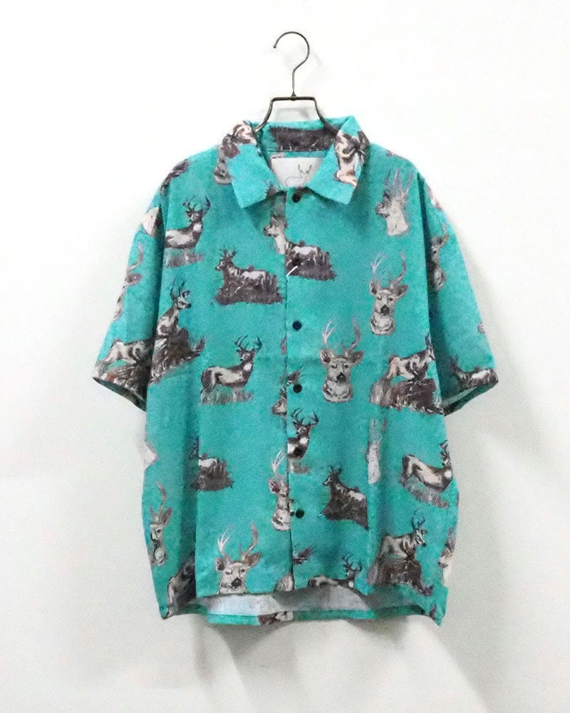 #Pokke ポッケ 総柄SSシャツ 半袖オープンカラーシャツ 開襟シャツ ルーズオーバーサイズ ドロップショルダー 手描き風コミカルイラスト総柄プリント ポップアニマル柄 前開き羽織り フリーサイズ 全4カラー ストリートカジュアル アメカジテイスト夏コーデ