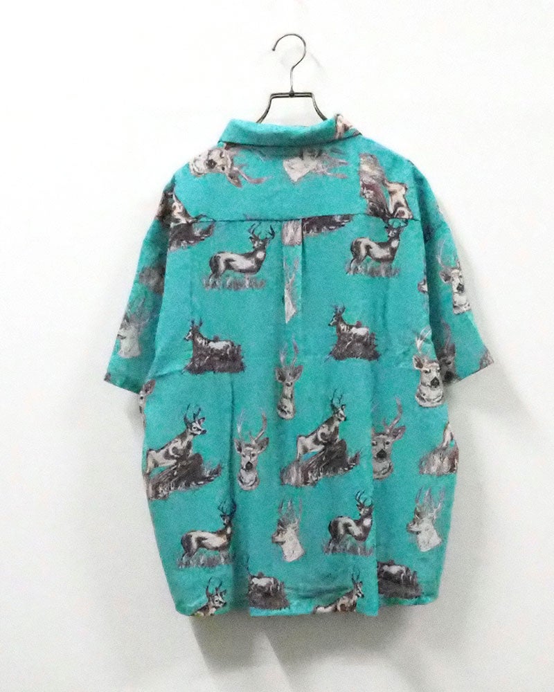 #Pokke ポッケ 総柄SSシャツ 半袖オープンカラーシャツ 開襟シャツ ルーズオーバーサイズ ドロップショルダー 手描き風コミカルイラスト総柄プリント ポップアニマル柄 前開き羽織り フリーサイズ 全4カラー ストリートカジュアル アメカジテイスト夏コーデ