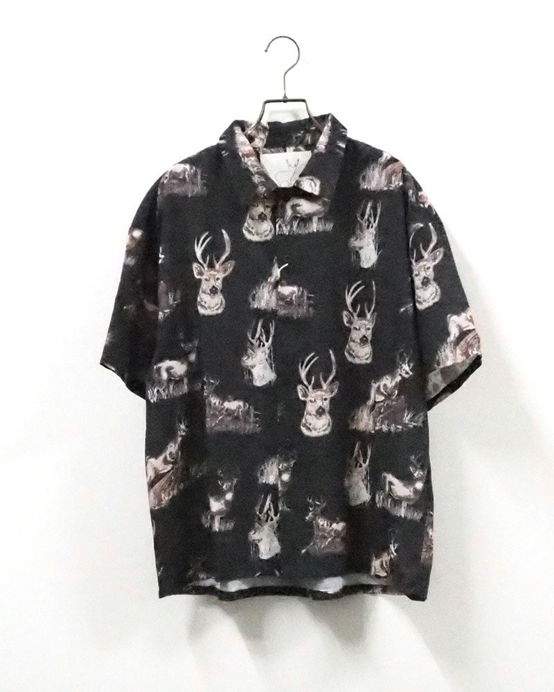 #Pokke ポッケ 総柄SSシャツ 半袖オープンカラーシャツ 開襟シャツ ルーズオーバーサイズ ドロップショルダー 手描き風コミカルイラスト総柄プリント ポップアニマル柄 前開き羽織り フリーサイズ 全4カラー ストリートカジュアル アメカジテイスト夏コーデ
