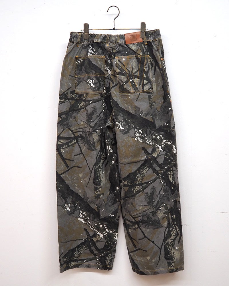 VISION STREET WEAR ヴィジョンストリートウェア リジットデニムダブルニーパンツ ワークペインターパンツ 未洗いノンウォッシュ ハリ感デニム生地 柔らか総柄生地 レオパード柄迷彩柄ツリー柄 配色ステッチデザイン バックポケットVステッチ ストレートワイドシルエット ユニセックス