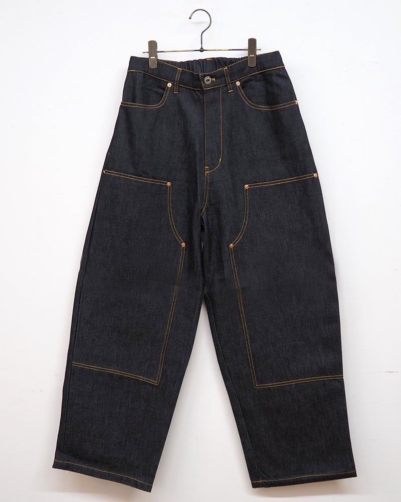 VISION STREET WEAR ヴィジョンストリートウェア リジットデニムダブルニーパンツ ワークペインターパンツ 未洗いノンウォッシュ ハリ感デニム生地 柔らか総柄生地 レオパード柄迷彩柄ツリー柄 配色ステッチデザイン バックポケットVステッチ ストレートワイドシルエット ユニセックス