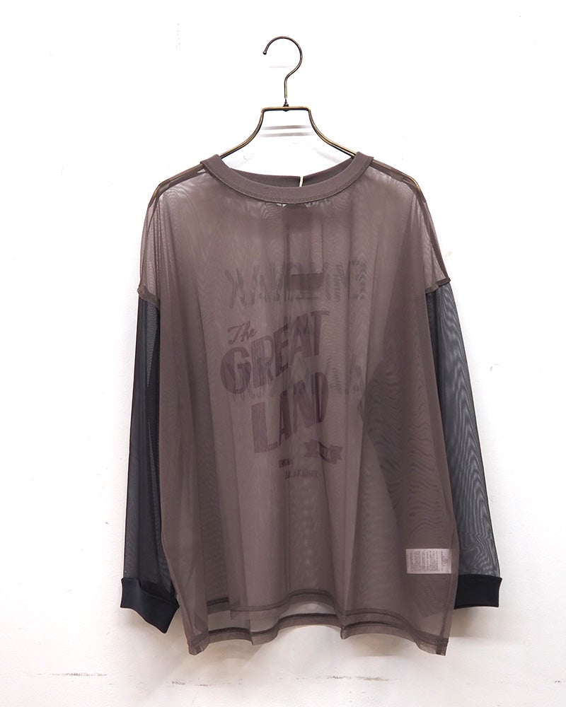 LIME.INC チュール無地カレッジロンT チュール 袖配色 前後カレッジ GREAT LAND ロゴ プリント シアー トップス