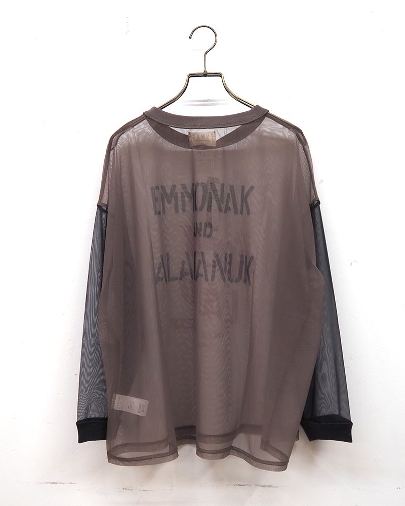 LIME.INC チュール無地カレッジロンT チュール 袖配色 前後カレッジ GREAT LAND ロゴ プリント シアー トップス