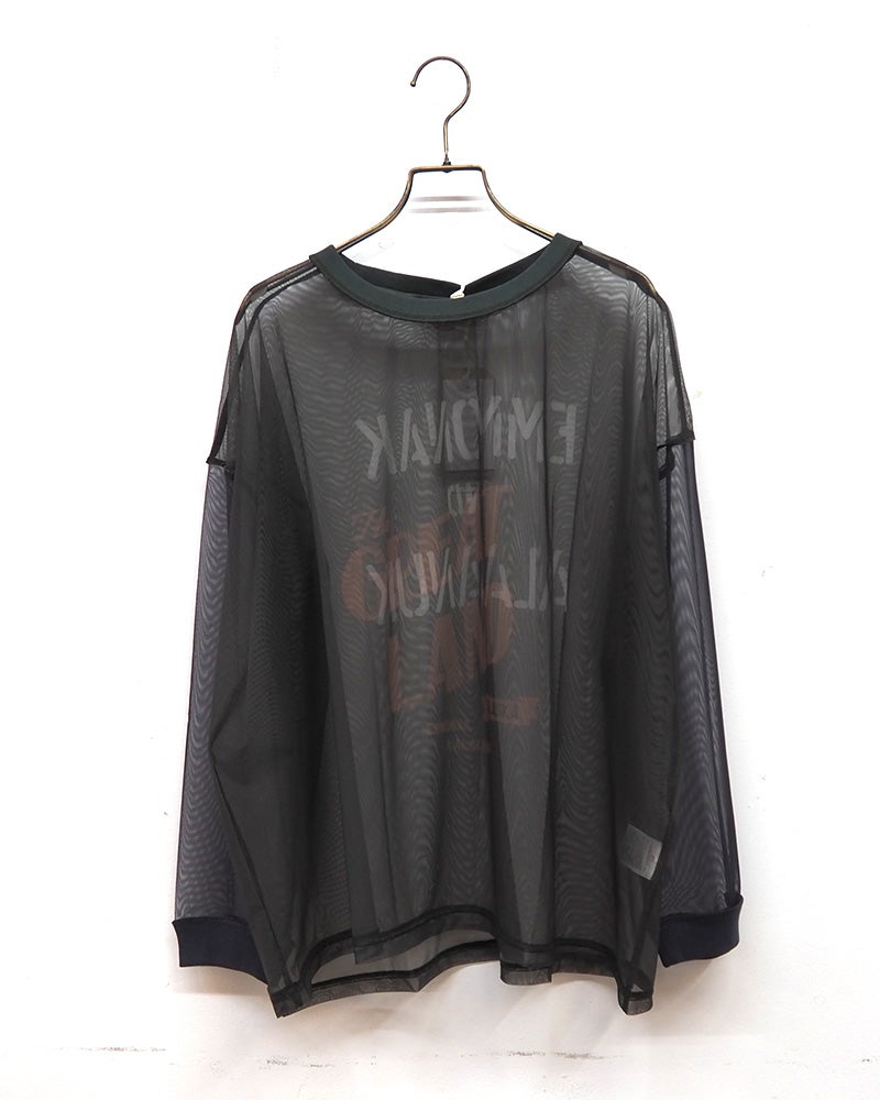 LIME.INC チュール無地カレッジロンT チュール 袖配色 前後カレッジ GREAT LAND ロゴ プリント シアー トップス