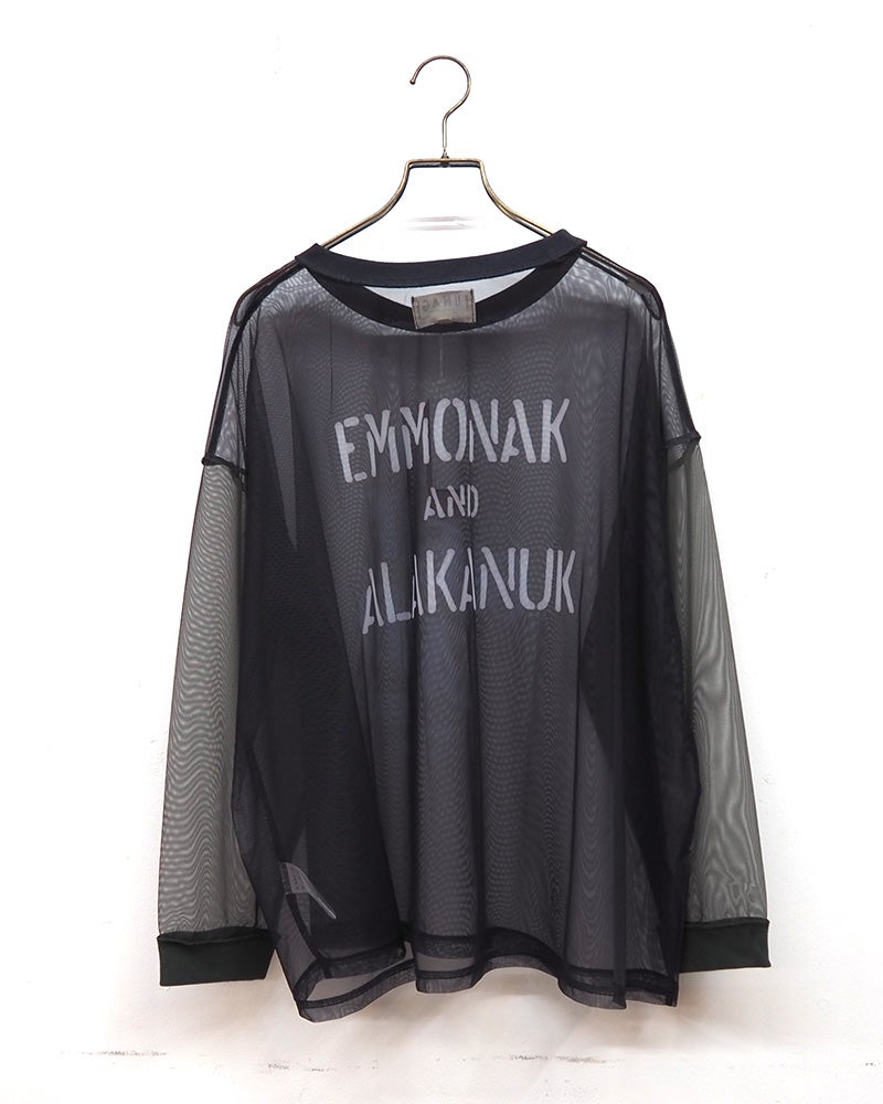 LIME.INC チュール無地カレッジロンT チュール 袖配色 前後カレッジ GREAT LAND ロゴ プリント シアー トップス