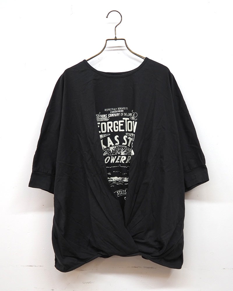 LIME.INC 無地天竺カシュクール前身プリント 無地天竺 GEORGE TOWN ロゴ カシュクール ドルマン Tシャツ