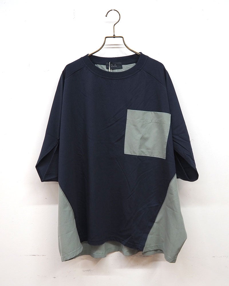 limiless リミレス メッシュポケットプルオーバー 半袖カットソーTシャツ フロント胸メッシュポケット サイド裾異素材メッシュ生地配色切り替えデザイン ヘム仕様