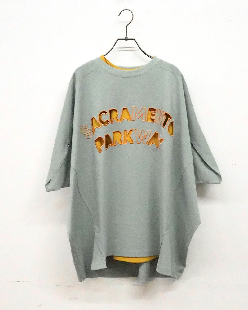 limiless リミレス 刺繍Tシャツアンサンブル 2点セット 半袖カットソー ロゴくり抜きカットワーク刺繍 配色レイヤード 首元裾のぞかせ インナーセット ドルマンスリーブ ゆったり ビッグシルエット フリーサイズ アメカジ ストリート カジュアル夏コーデ