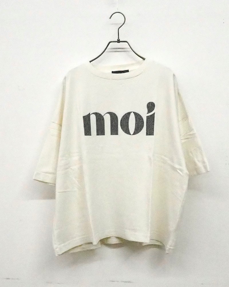 limiless リミレス moiピグメント裾スリットプルオーバー 半袖Tシャツ カットソー moi英字ロゴプリント ピグメント加工 ヴィンテージ風 古着風 フェード感 綿100％ 16番手天竺生地 厚手 袖口スリット ドロップショルダー ゆったり オーバーサイズ フリーサイズ 大人カジュアル 夏コーデ