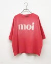 limiless リミレス moiピグメント裾スリットプルオーバー 半袖Tシャツ カットソー moi英字ロゴプリント ピグメント加工 ヴィンテージ風 古着風 フェード感 綿100％ 16番手天竺生地 厚手 袖口スリット ドロップショルダー ゆったり オーバーサイズ フリーサイズ 大人カジュアル 夏コーデ