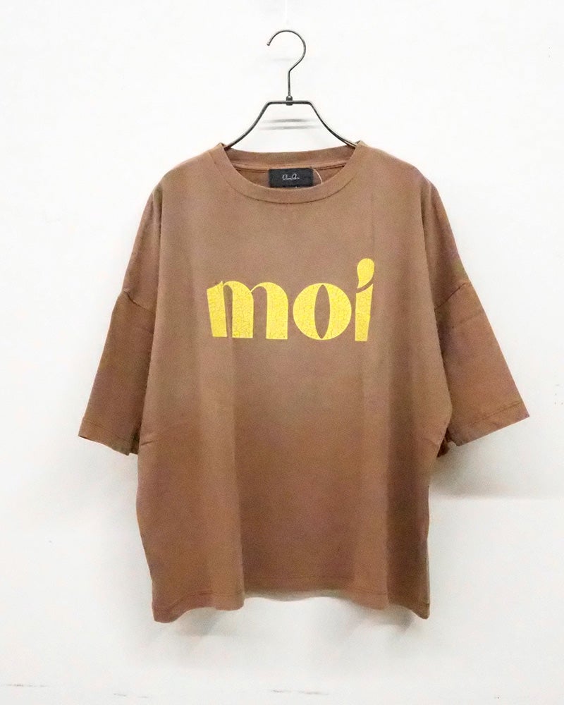 limiless リミレス moiピグメント裾スリットプルオーバー 半袖Tシャツ カットソー moi英字ロゴプリント ピグメント加工 ヴィンテージ風 古着風 フェード感 綿100％ 16番手天竺生地 厚手 袖口スリット ドロップショルダー ゆったり オーバーサイズ フリーサイズ 大人カジュアル 夏コーデ