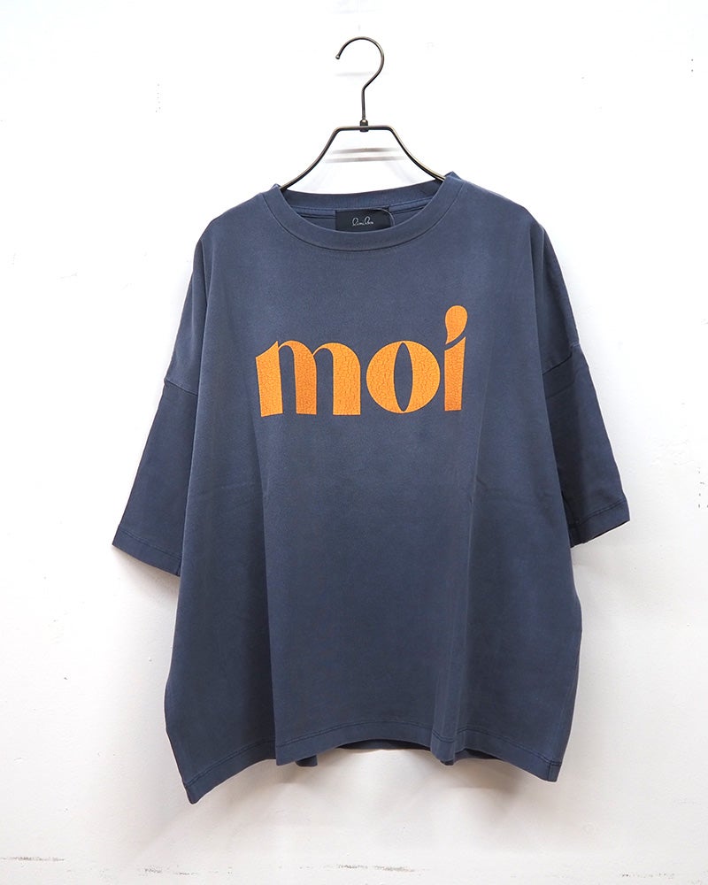 limiless リミレス moiピグメント裾スリットプルオーバー 半袖Tシャツ カットソー moi英字ロゴプリント ピグメント加工 ヴィンテージ風 古着風 フェード感 綿100％ 16番手天竺生地 厚手 袖口スリット ドロップショルダー ゆったり オーバーサイズ フリーサイズ 大人カジュアル 夏コーデ