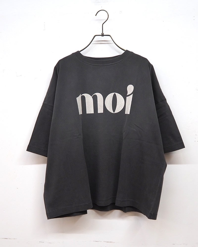 limiless リミレス moiピグメント裾スリットプルオーバー 半袖Tシャツ カットソー moi英字ロゴプリント ピグメント加工 ヴィンテージ風 古着風 フェード感 綿100％ 16番手天竺生地 厚手 袖口スリット ドロップショルダー ゆったり オーバーサイズ フリーサイズ 大人カジュアル 夏コーデ