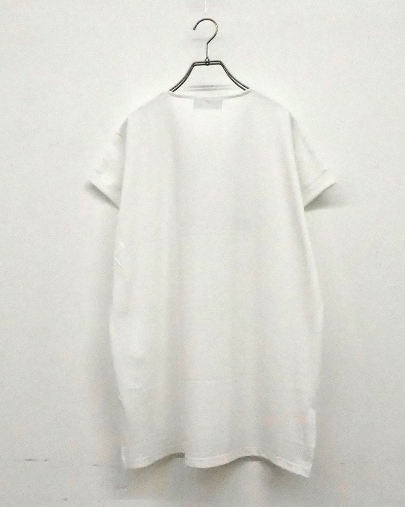 limiless リミレス 天竺ネコ刺繍プリントT ロングTシャツ チュニック丈 半袖カットソー ネコイラストプリント CATSロゴ立体刺繍 ロールアップ袖 サイドスリット 前後差裾 コットン天竺生地 フリーサイズ ゆったり オーバーサイズ 大人カジュアル 猫好き 夏コーデ