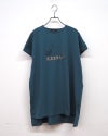 limiless リミレス 天竺ネコ刺繍プリントT ロングTシャツ チュニック丈 半袖カットソー ネコイラストプリント CATSロゴ立体刺繍 ロールアップ袖 サイドスリット 前後差裾 コットン天竺生地 フリーサイズ ゆったり オーバーサイズ 大人カジュアル 猫好き 夏コーデ