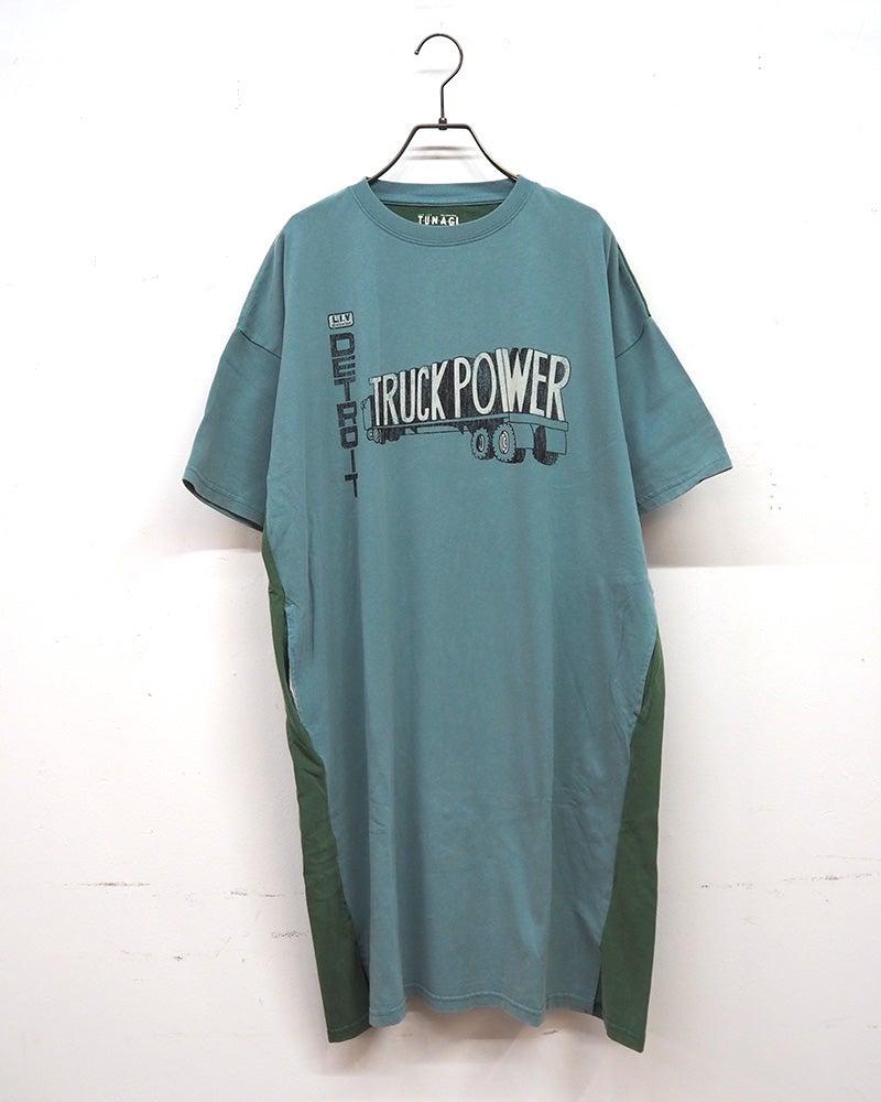 LIME.INC ライムインク 配色半袖チュニック ロングTシャツ 前後プリント バックプリント ケミカルウォッシュ加工 ヴィンテージ風 配色切り替え 綿100％天竺 サイドスリット 配色ステッチ チュニック丈 ゆったり ビッグシルエット フリーサイズ アメカジ ストリート夏コーデ