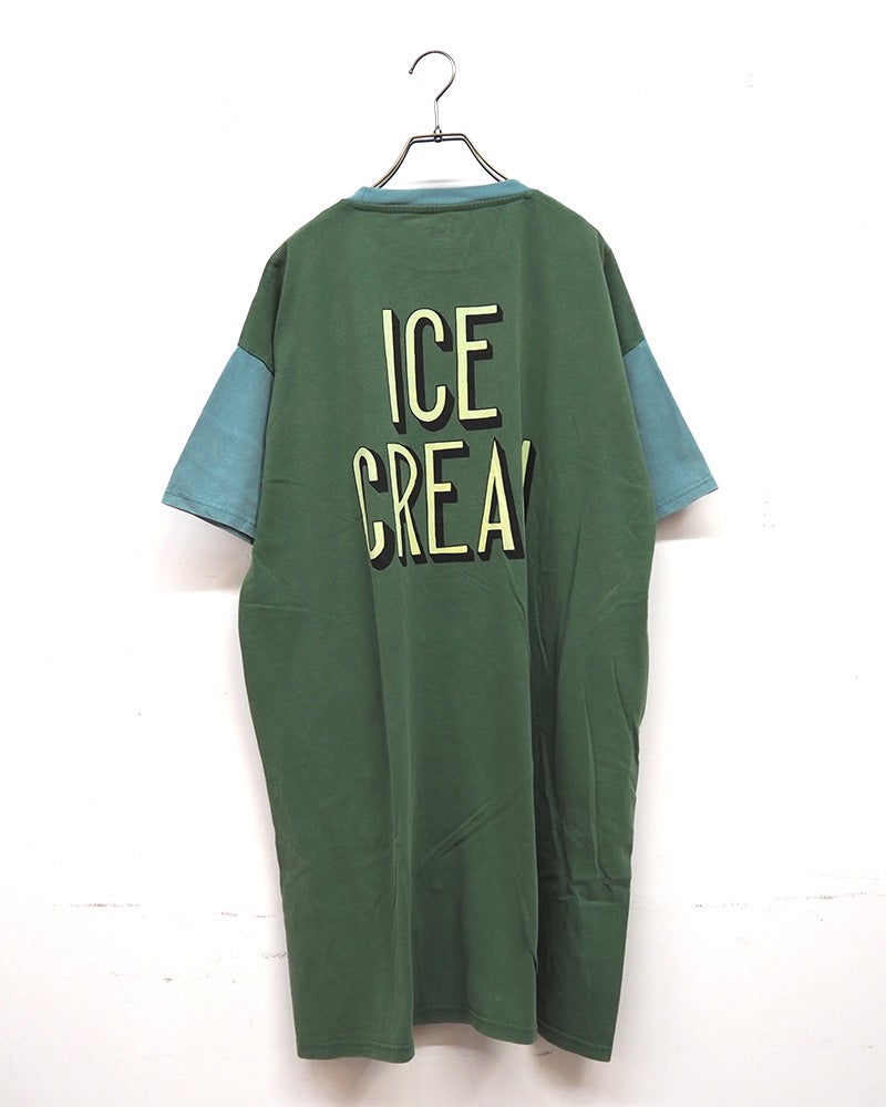 LIME.INC ライムインク 配色半袖チュニック ロングTシャツ 前後プリント バックプリント ケミカルウォッシュ加工 ヴィンテージ風 配色切り替え 綿100％天竺 サイドスリット 配色ステッチ チュニック丈 ゆったり ビッグシルエット フリーサイズ アメカジ ストリート夏コーデ