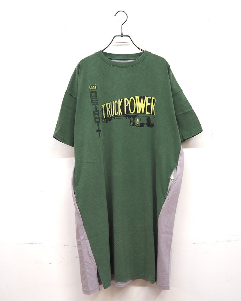 LIME.INC ライムインク 配色半袖チュニック ロングTシャツ 前後プリント バックプリント ケミカルウォッシュ加工 ヴィンテージ風 配色切り替え 綿100％天竺 サイドスリット 配色ステッチ チュニック丈 ゆったり ビッグシルエット フリーサイズ アメカジ ストリート夏コーデ