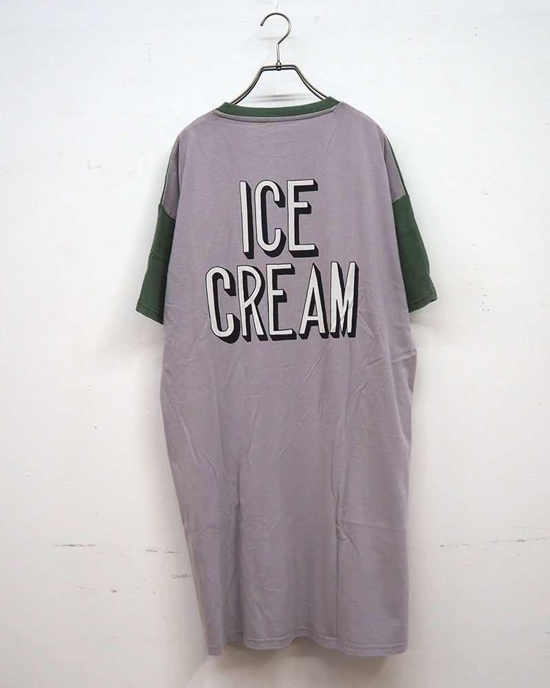 LIME.INC ライムインク 配色半袖チュニック ロングTシャツ 前後プリント バックプリント ケミカルウォッシュ加工 ヴィンテージ風 配色切り替え 綿100％天竺 サイドスリット 配色ステッチ チュニック丈 ゆったり ビッグシルエット フリーサイズ アメカジ ストリート夏コーデ