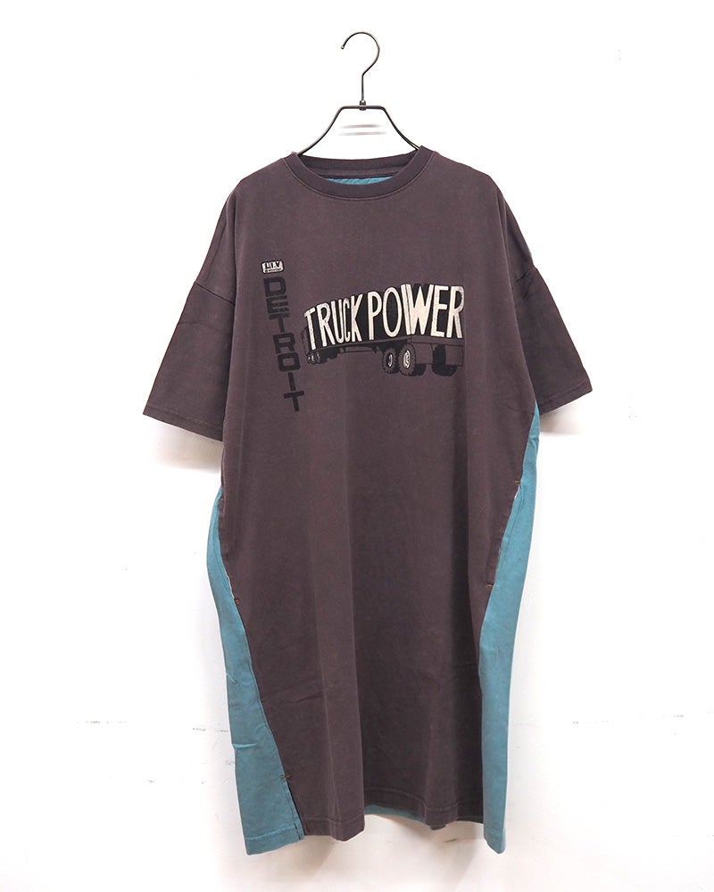 LIME.INC ライムインク 配色半袖チュニック ロングTシャツ 前後プリント バックプリント ケミカルウォッシュ加工 ヴィンテージ風 配色切り替え 綿100％天竺 サイドスリット 配色ステッチ チュニック丈 ゆったり ビッグシルエット フリーサイズ アメカジ ストリート夏コーデ