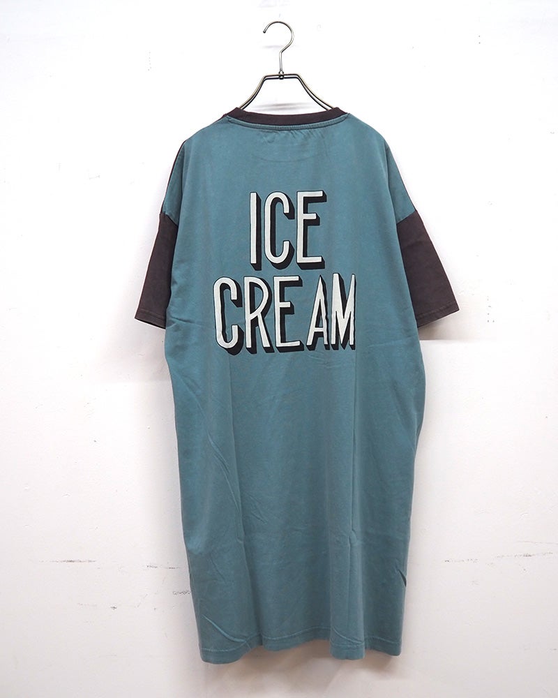 LIME.INC ライムインク 配色半袖チュニック ロングTシャツ 前後プリント バックプリント ケミカルウォッシュ加工 ヴィンテージ風 配色切り替え 綿100％天竺 サイドスリット 配色ステッチ チュニック丈 ゆったり ビッグシルエット フリーサイズ アメカジ ストリート夏コーデ