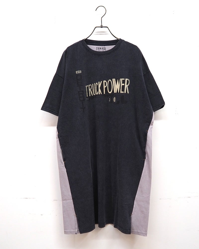 LIME.INC ライムインク 配色半袖チュニック ロングTシャツ 前後プリント バックプリント ケミカルウォッシュ加工 ヴィンテージ風 配色切り替え 綿100％天竺 サイドスリット 配色ステッチ チュニック丈 ゆったり ビッグシルエット フリーサイズ アメカジ ストリート夏コーデ