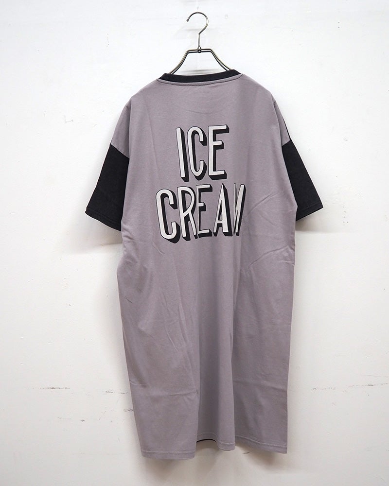 LIME.INC ライムインク 配色半袖チュニック ロングTシャツ 前後プリント バックプリント ケミカルウォッシュ加工 ヴィンテージ風 配色切り替え 綿100％天竺 サイドスリット 配色ステッチ チュニック丈 ゆったり ビッグシルエット フリーサイズ アメカジ ストリート夏コーデ