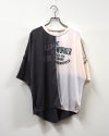 LIME.INC ライムインク 汗ジミ防止天竺切替プルオーバー4分袖 半袖Tシャツ カットソー 汗ジミ防止加工 吸汗速乾 アシンメトリーバイカラー配色切替 チェーンステッチ 英字ロゴプリント 4分袖 ポリエステル天竺 ゆったり ビッグシルエット フリーサイズ スポーティー大人カジュアル夏コーデ