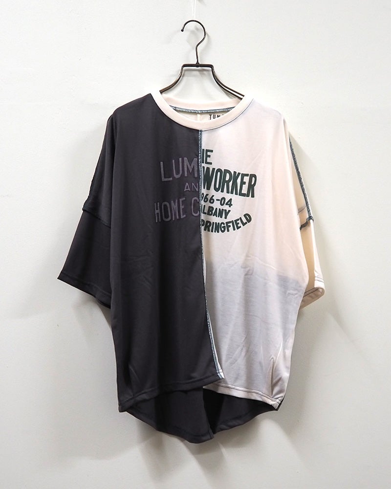 LIME.INC ライムインク 汗ジミ防止天竺切替プルオーバー4分袖 半袖Tシャツ カットソー 汗ジミ防止加工 吸汗速乾 アシンメトリーバイカラー配色切替 チェーンステッチ 英字ロゴプリント 4分袖 ポリエステル天竺 ゆったり ビッグシルエット フリーサイズ スポーティー大人カジュアル夏コーデ