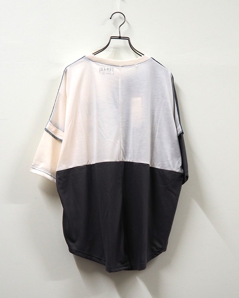 LIME.INC ライムインク 汗ジミ防止天竺切替プルオーバー4分袖 半袖Tシャツ カットソー 汗ジミ防止加工 吸汗速乾 アシンメトリーバイカラー配色切替 チェーンステッチ 英字ロゴプリント 4分袖 ポリエステル天竺 ゆったり ビッグシルエット フリーサイズ スポーティー大人カジュアル夏コーデ