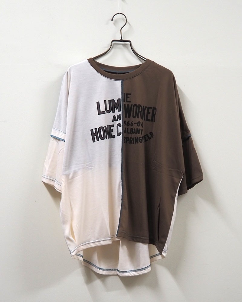 LIME.INC ライムインク 汗ジミ防止天竺切替プルオーバー4分袖 半袖Tシャツ カットソー 汗ジミ防止加工 吸汗速乾 アシンメトリーバイカラー配色切替 チェーンステッチ 英字ロゴプリント 4分袖 ポリエステル天竺 ゆったり ビッグシルエット フリーサイズ スポーティー大人カジュアル夏コーデ