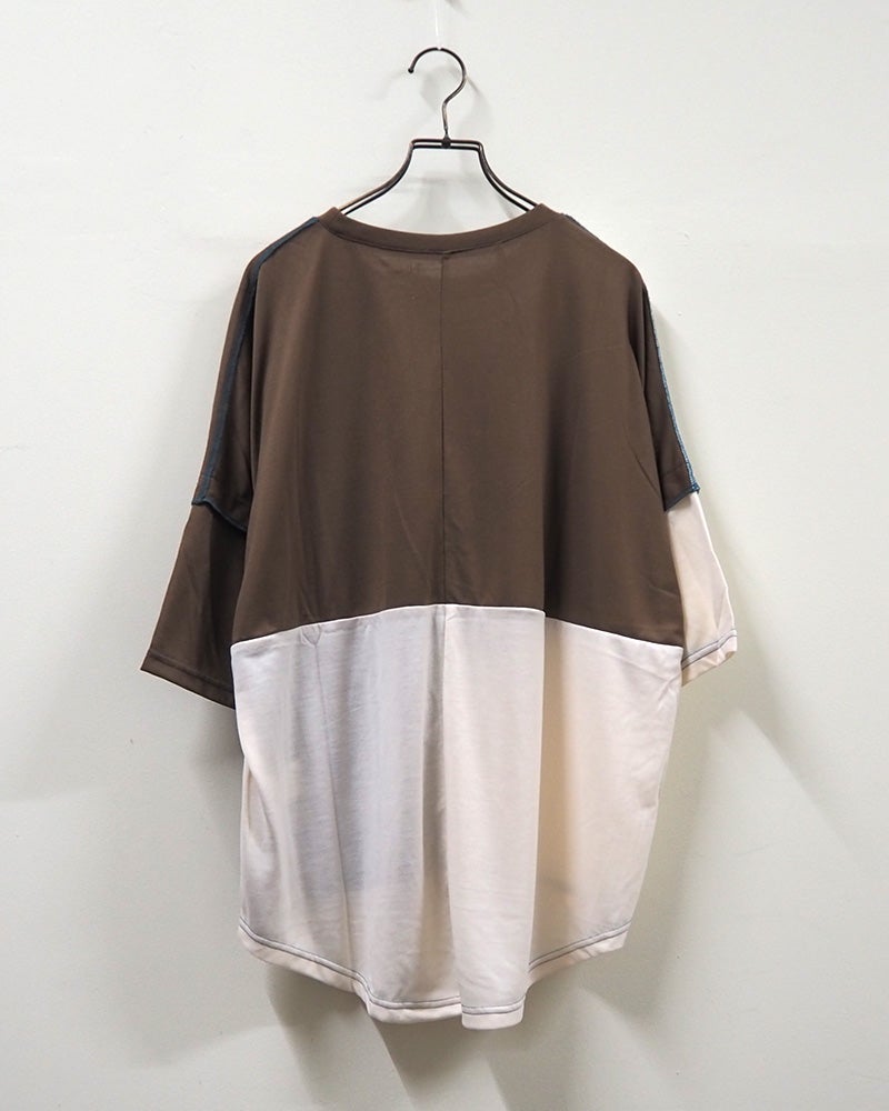 LIME.INC ライムインク 汗ジミ防止天竺切替プルオーバー4分袖 半袖Tシャツ カットソー 汗ジミ防止加工 吸汗速乾 アシンメトリーバイカラー配色切替 チェーンステッチ 英字ロゴプリント 4分袖 ポリエステル天竺 ゆったり ビッグシルエット フリーサイズ スポーティー大人カジュアル夏コーデ